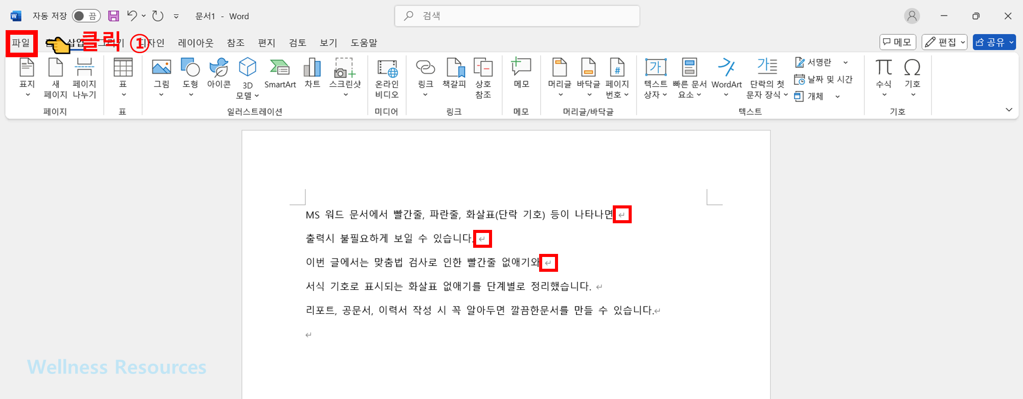 워드 빨간줄 없애기
워드 화살표 없애기